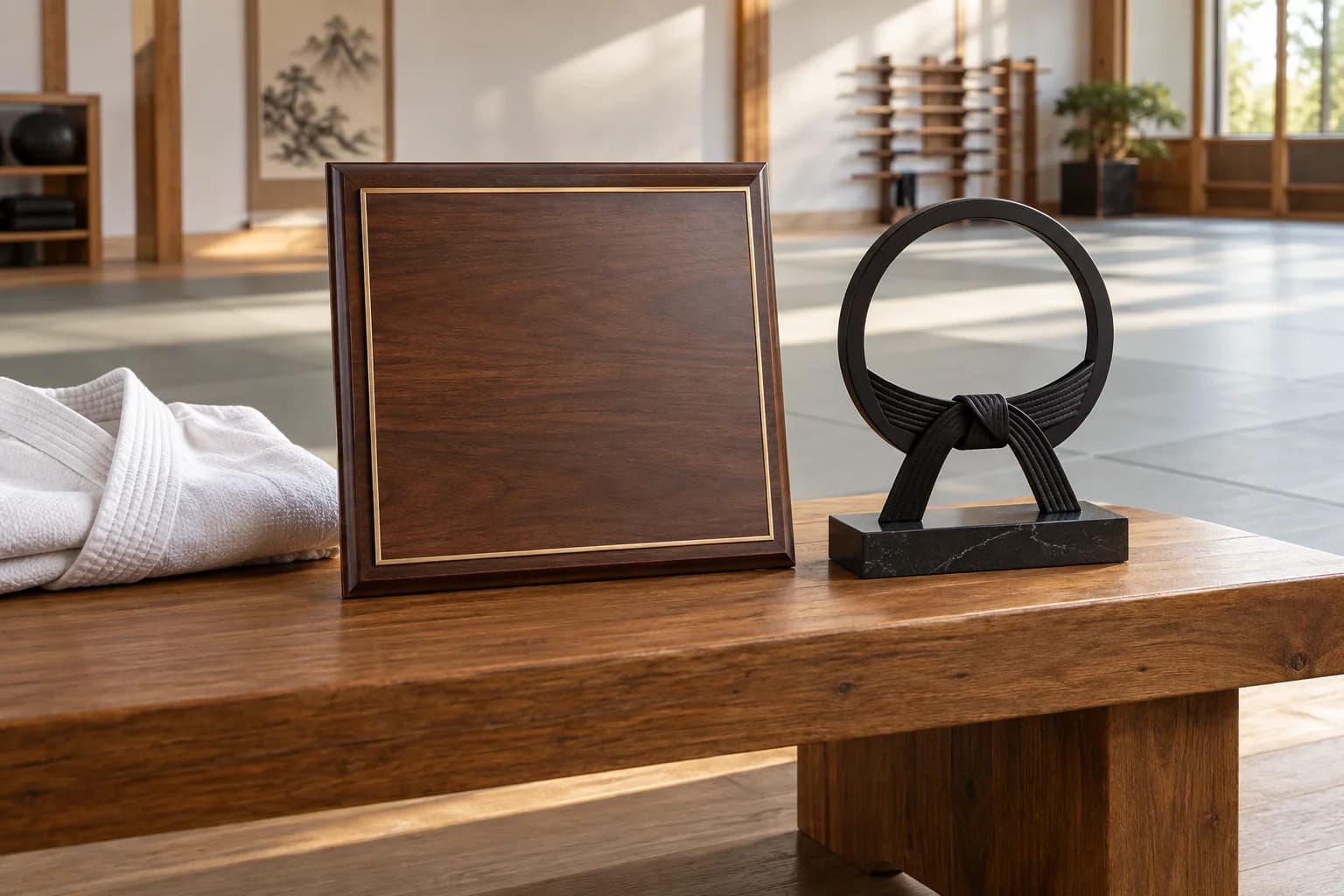 Blank recognition plaque and belt-themed award beside a training floor