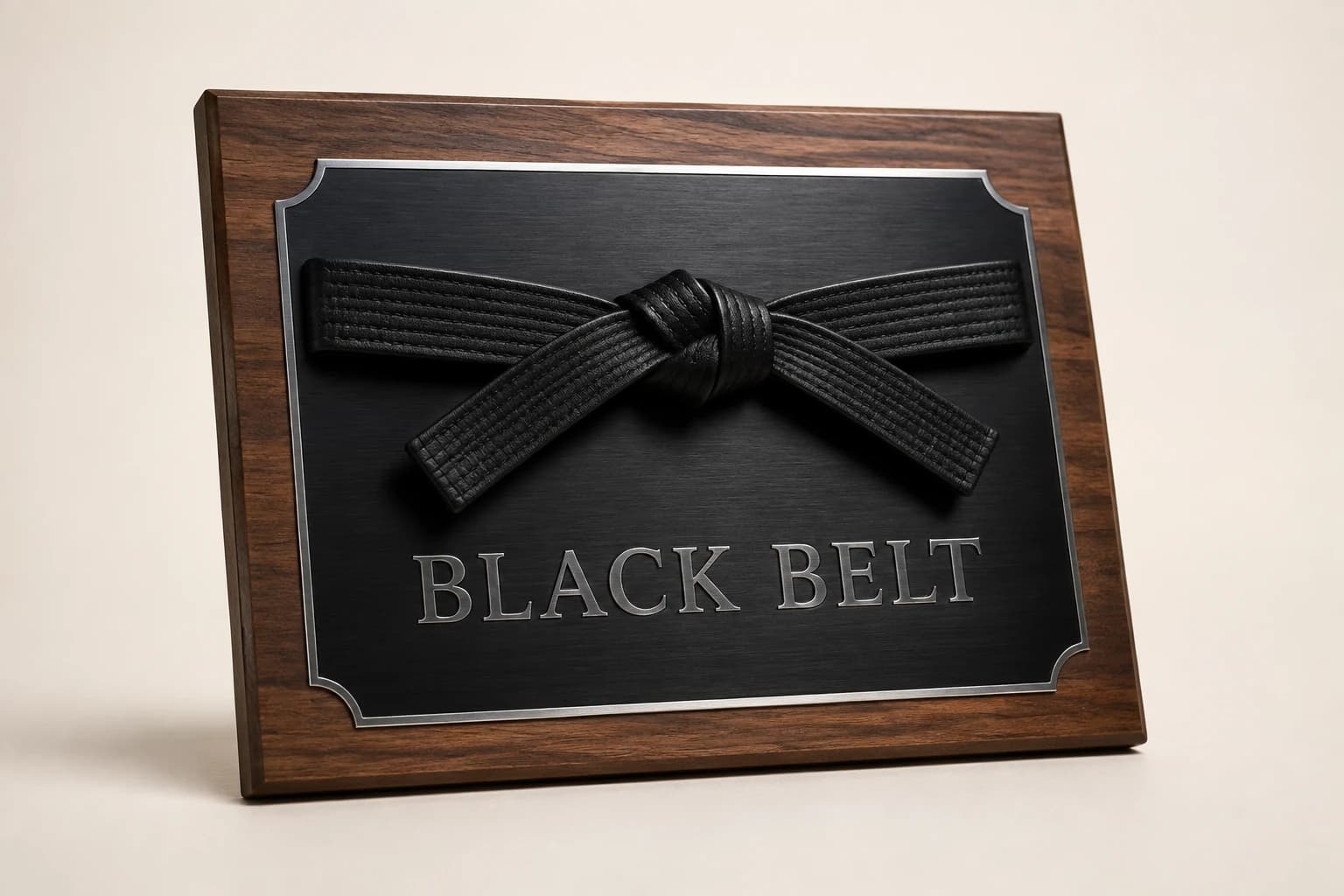 Black Belt Achievement Plaque design concept in walnut or acrylic with metal plate