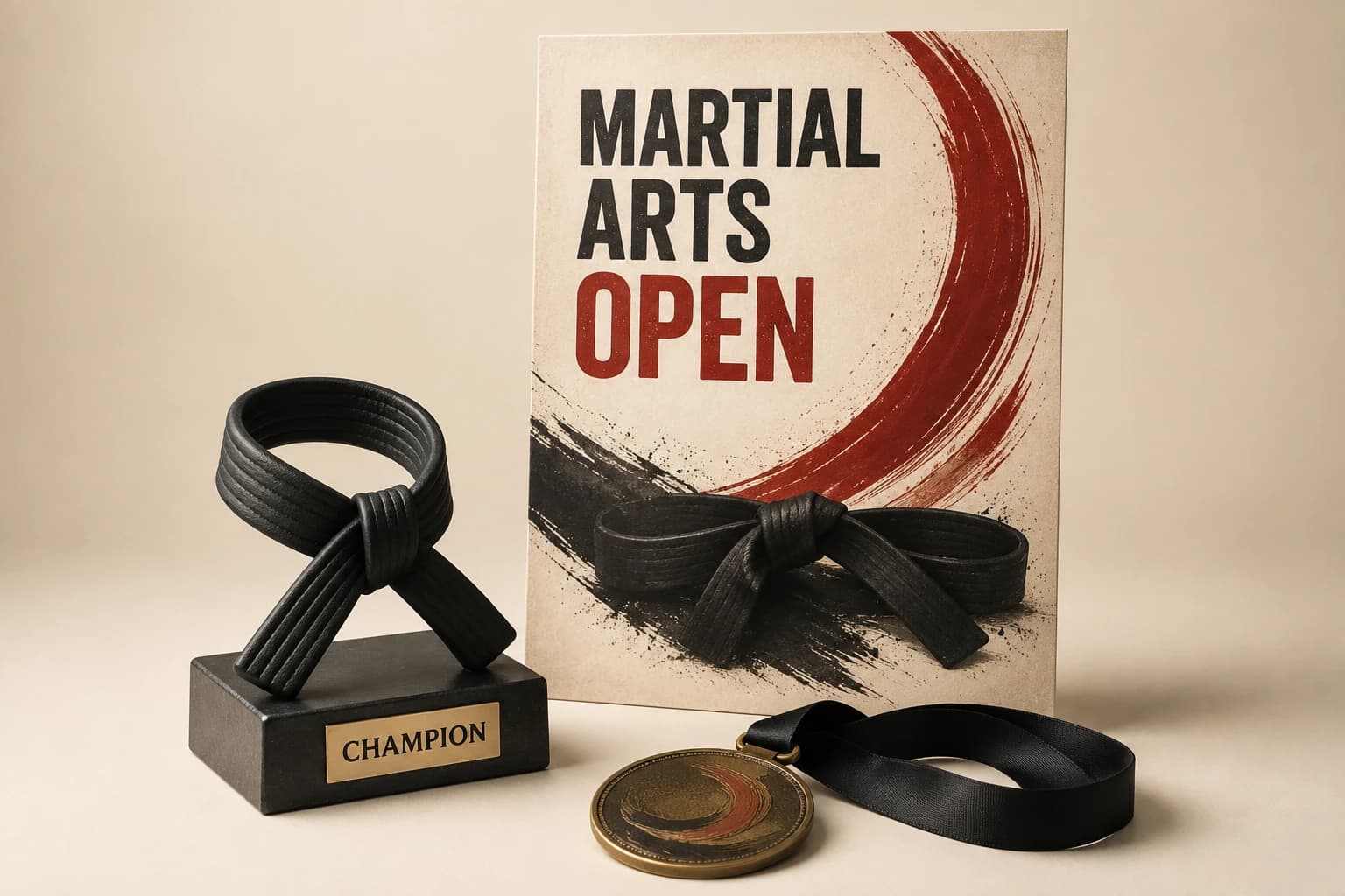 Martial arts poster package with a belt trophy and matching medal.