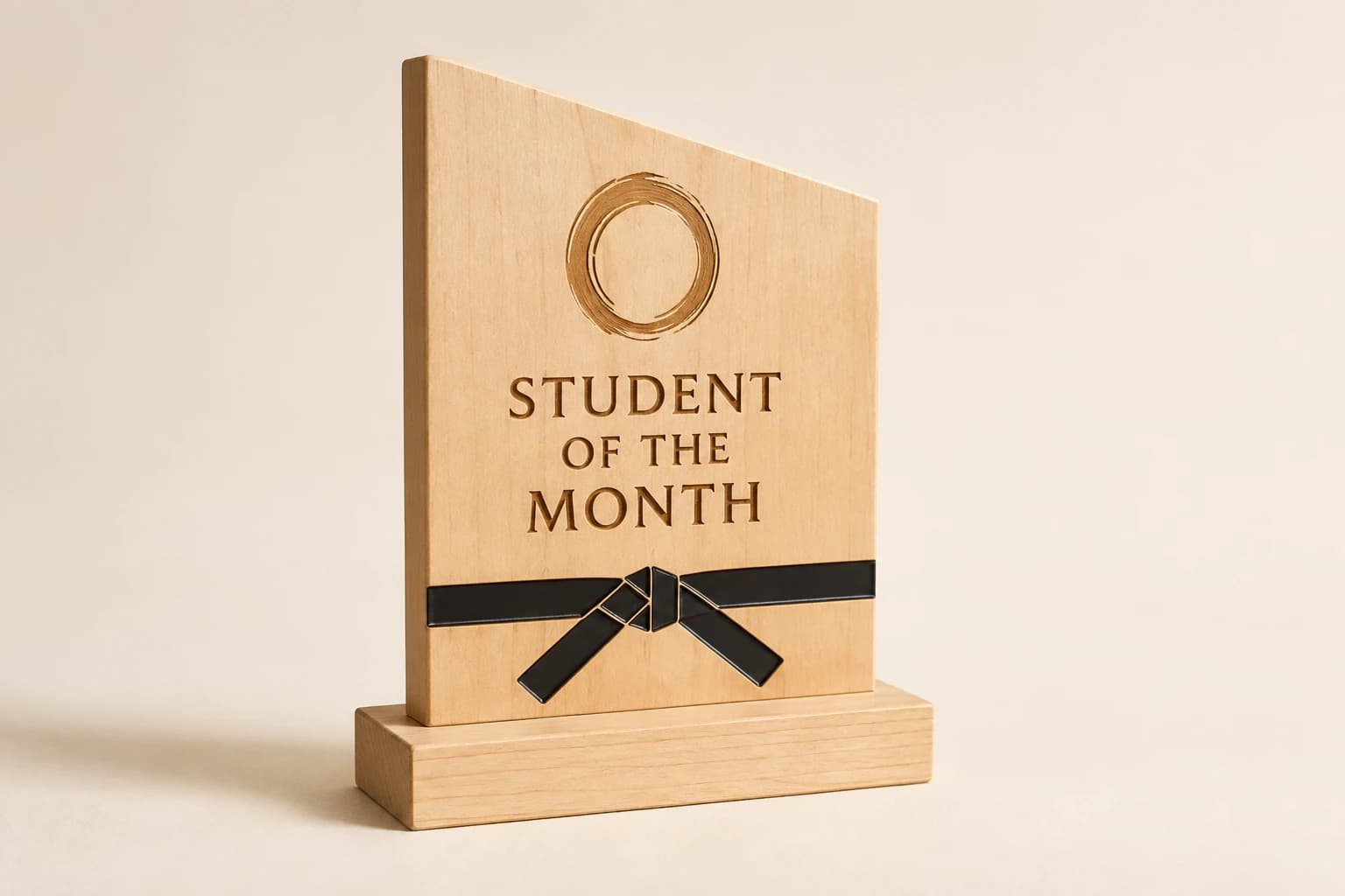 Maple monthly student award with an inlaid black belt motif.