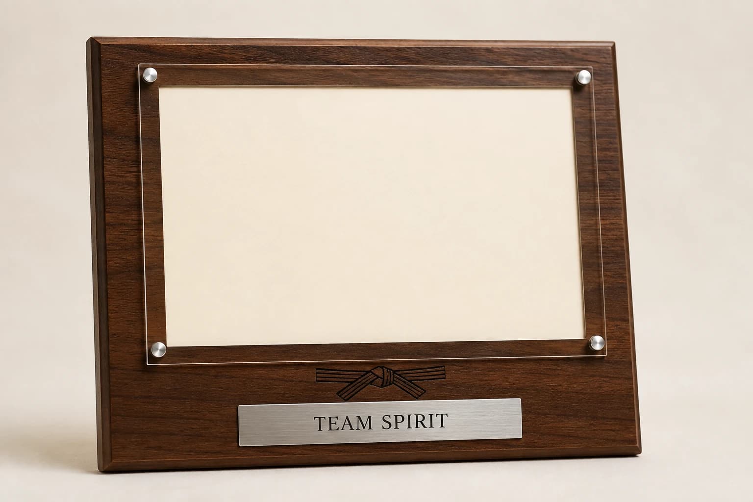 Walnut martial-arts photo plaque with a blank covered photo window.