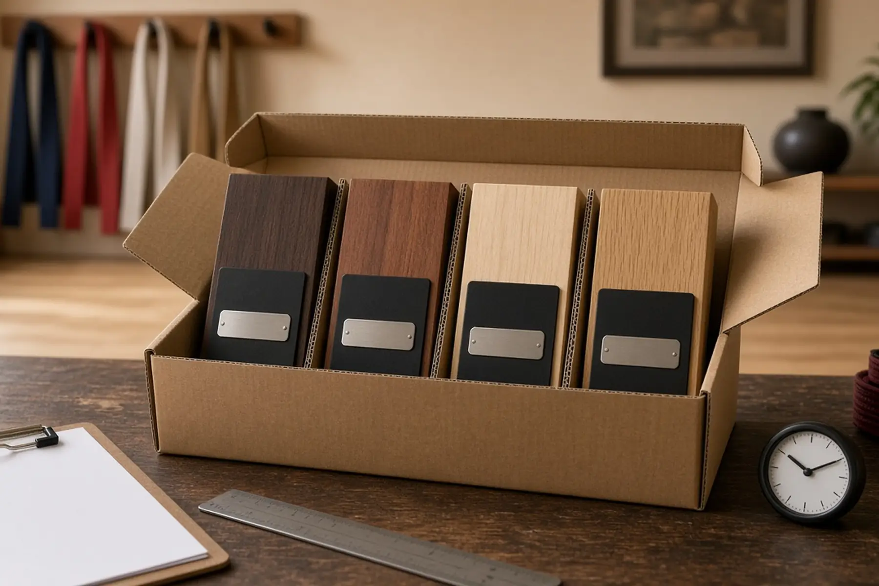 Coordinated order concept: matching Black Belt Achievement Plaque pieces grouped and separated for packing