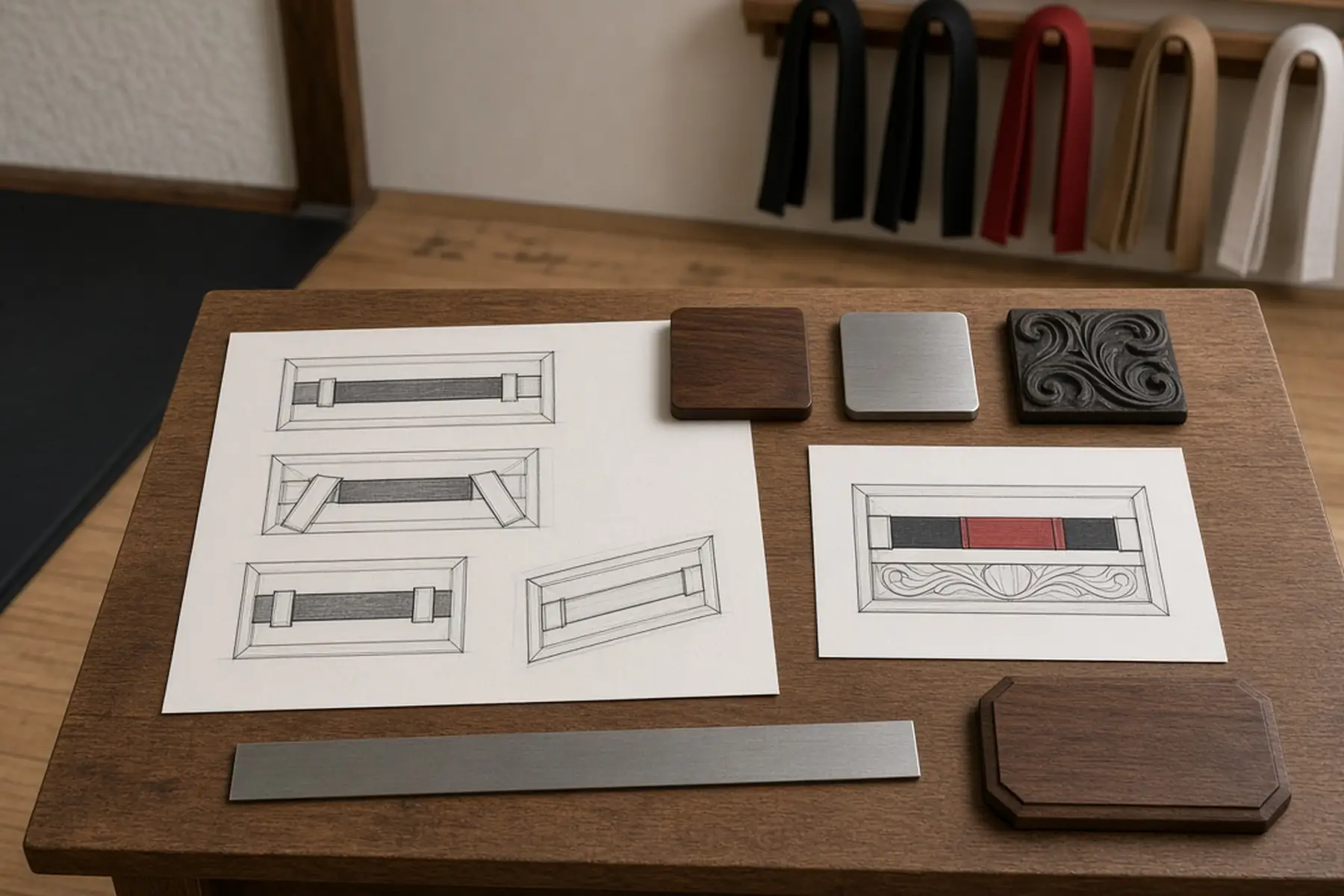 Design planning concept for a Belt Rank Plaque: sketches, material swatches and a blank sample shape