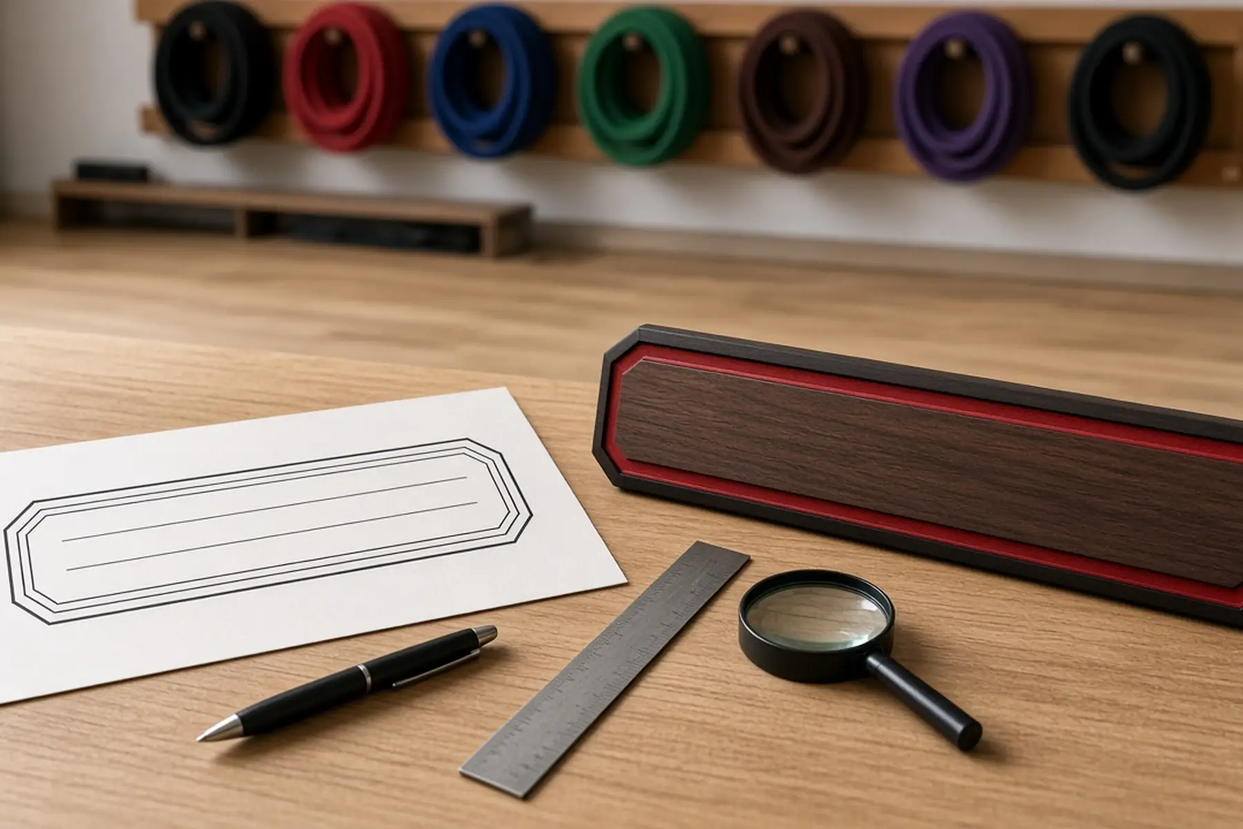 Proof review concept: a full-size layout checked against a blank Belt Rank Plaque