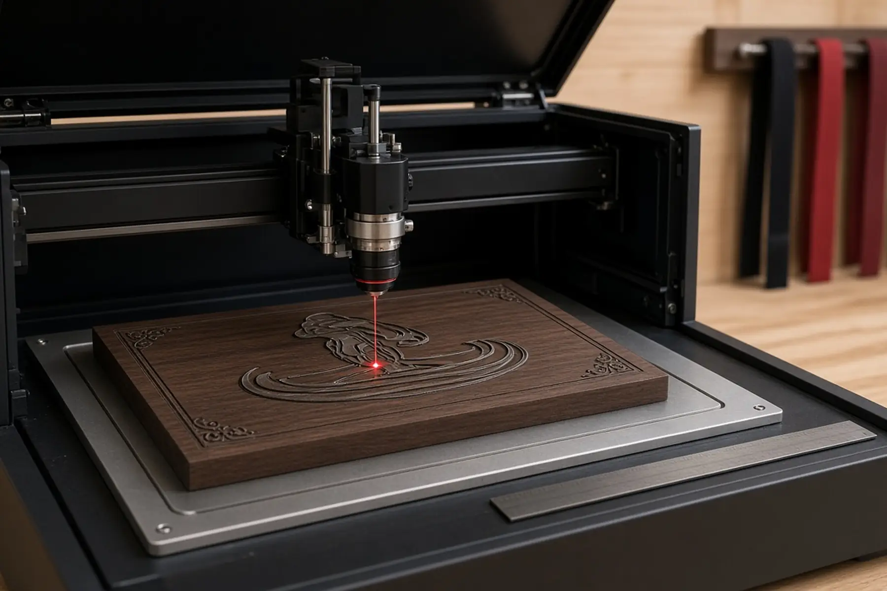 Engraving concept: a blank plate for a Belt Rank Plaque inside an enclosed marking machine