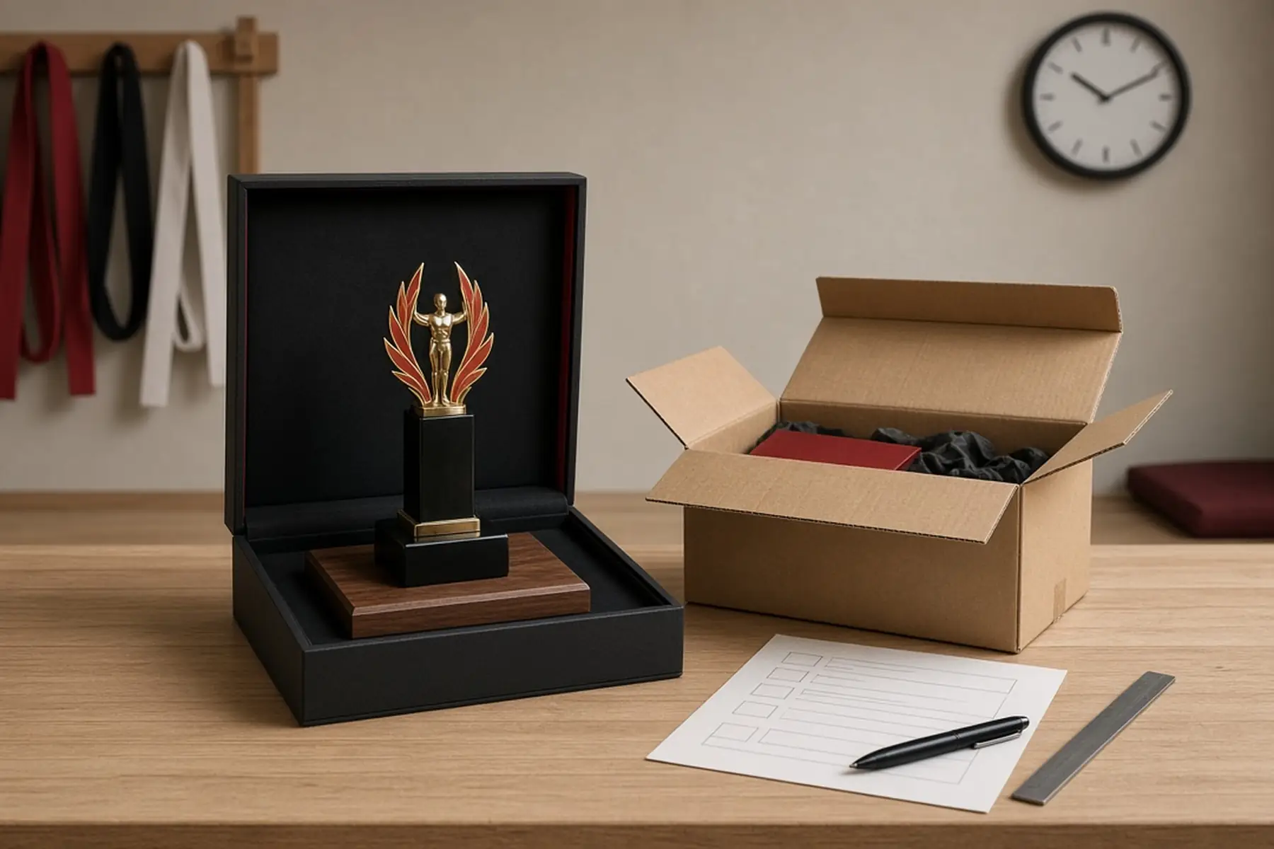 Rush planning concept: a Martial Arts Tournament Trophy, carton and checklist arranged around an arrival date